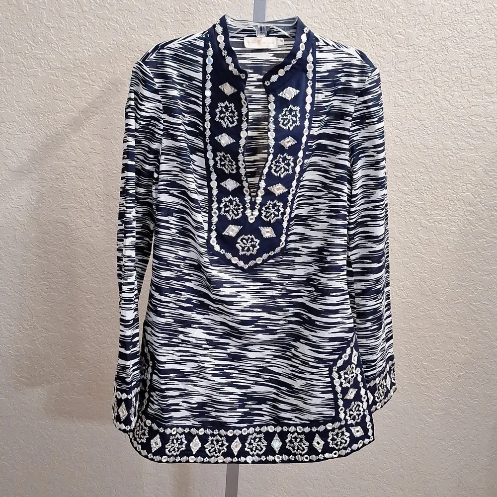 Tory Burch Tunic Dark Blue & white with Mirror details.